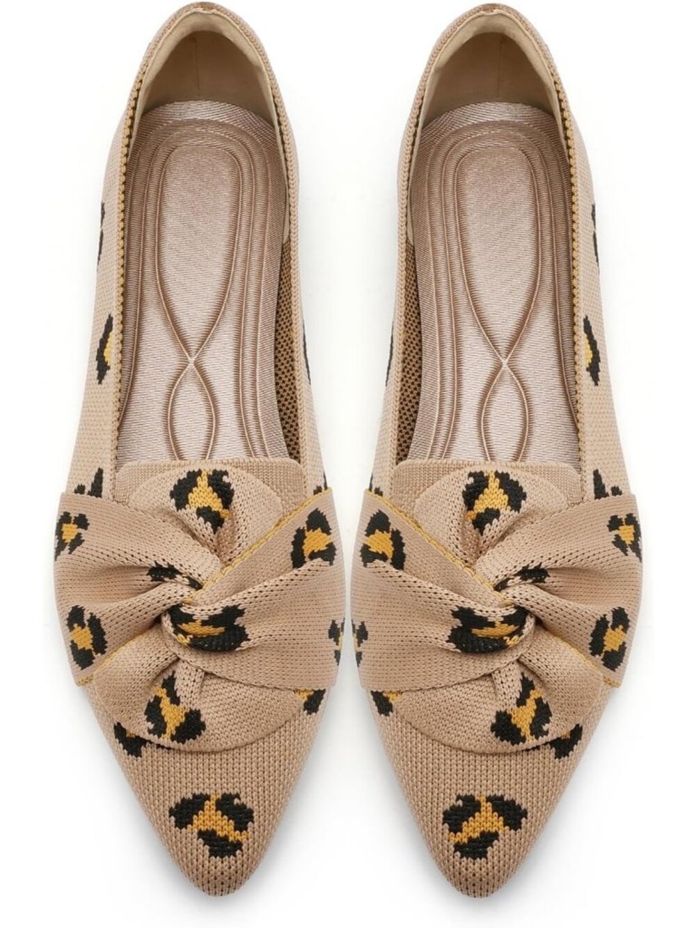 Womens Leopard Bow Pointed Toe Pull On Comfortable Knit Dressy Ballet Flat Shoes